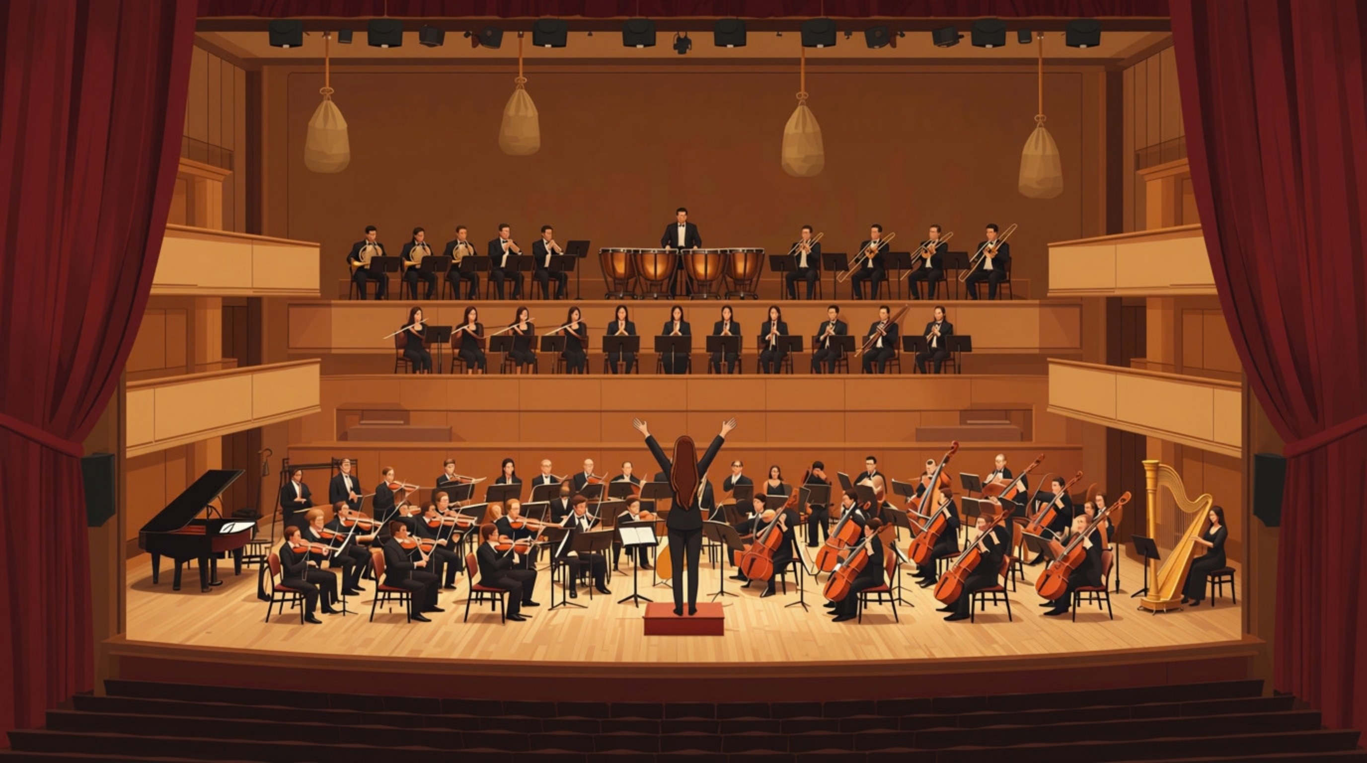 A symphony orchestra on a concert hall stage, conducted from a podium at the front